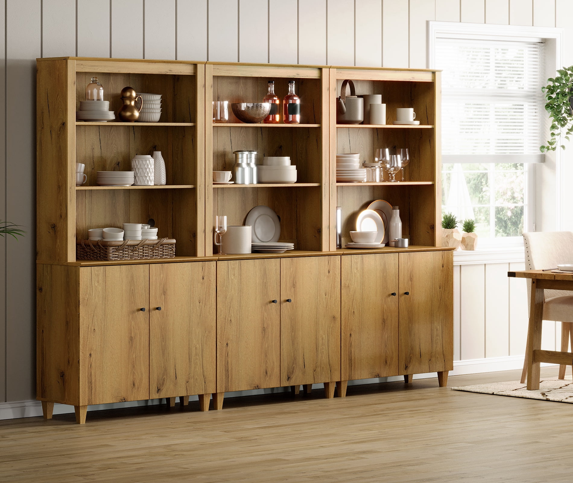 WAMPAT Modern 71" Tall Pantry Cabinet with Doors and Adjustable Shelves for Dining Room, 3-Column 5-Tier, Dark Brown Wood