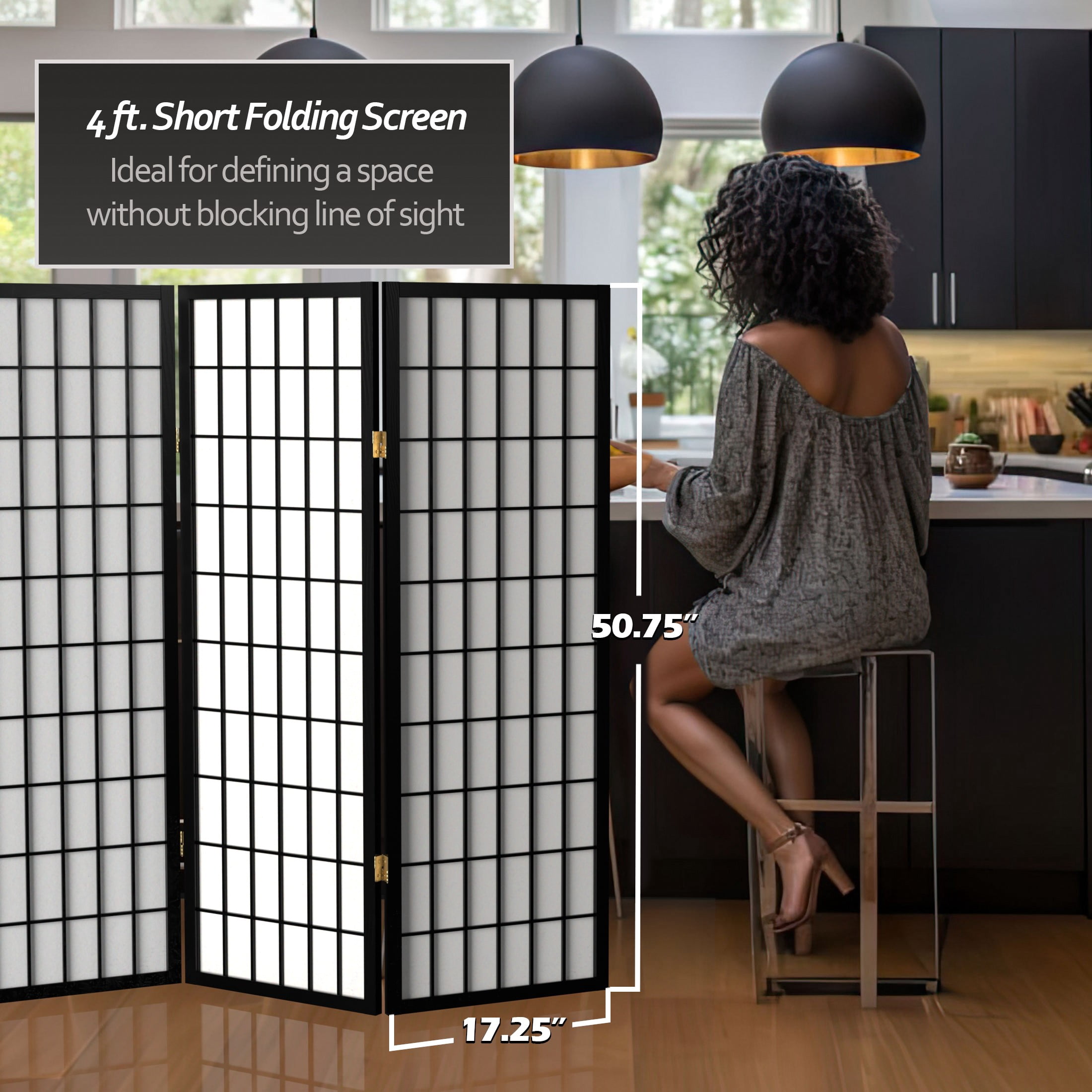 4 ft. Tall Window Pane Shoji Screen - Black - 6 Panels