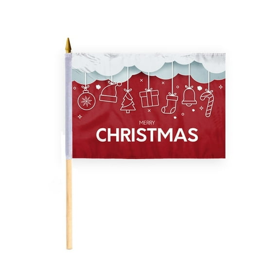AGAS Christmas Flags 12x18 Inch Stick Flag - Merry Christmas on Red and White with Hanging Candy, Gifts, Socks, Bell - 100% Polyester, 24 Inch Wood Pole