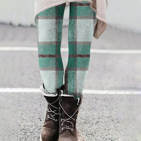 Neewe Women's Leggings Thermal Warm Winter Tights Striped Plaid High Waisted Yoga Pants