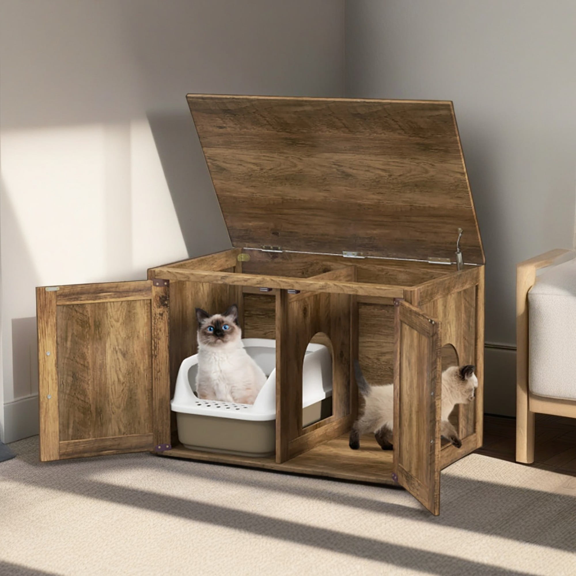 Kadyn 31" Cat Litter Box Enclosure with Double Barn Doors and Removable Divider, Flip Top Hidden Cat House Washroom Furniture, Brown