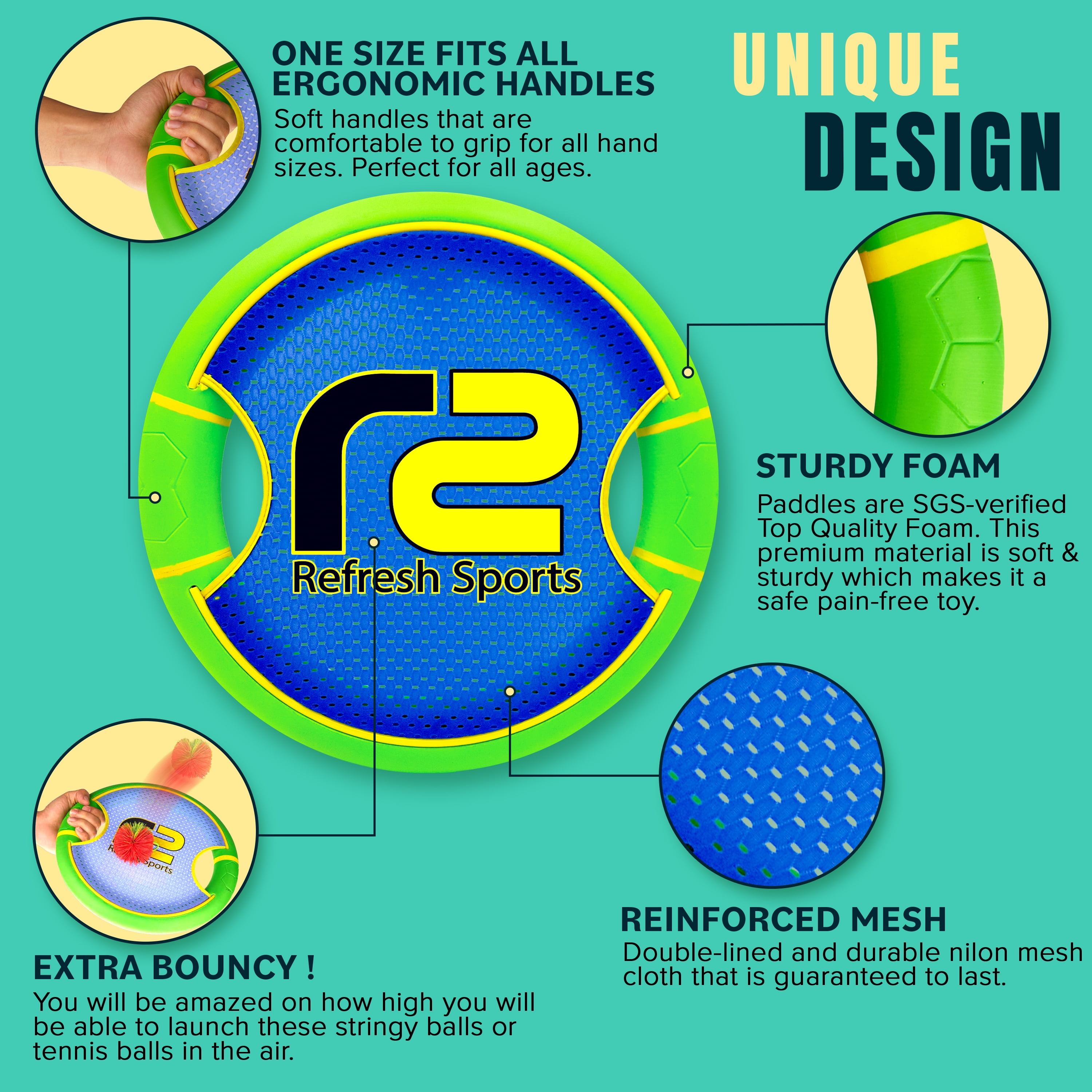 Bouncy Paddle & Stringy Ball Game - Red & Green - Refresh Sports