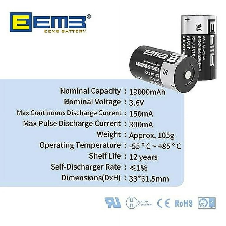EEMB ER34615 D Cell Batteries 3.6V Lithium Battery 19Ah Li-SOCL₂  Non-Rechargeable Battery LS-33600 SB-D02 XL-205F for CNC Machine Tool,  Injection