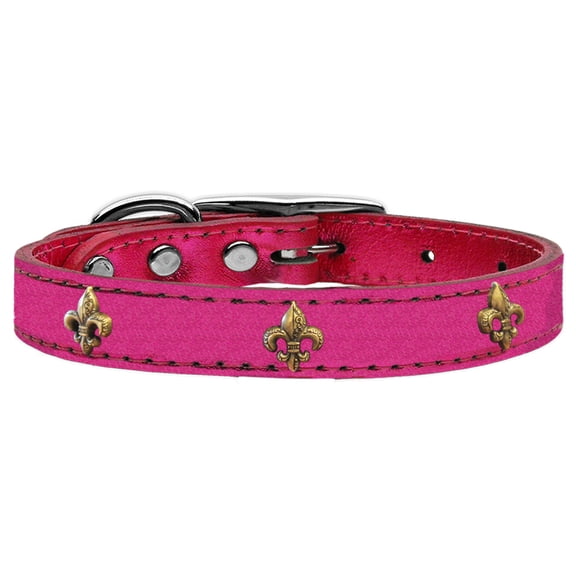Bronze Fleur De Lis Widget Genuine Metallic Leather Dog Collar Pink 22