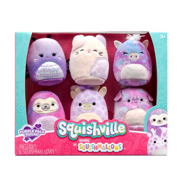 Squishville by Original Squishmallows Purple Pals Squad Peluche – Seis Squishmallows de 2 Pulgadas, Incluyendo Bashira, Mollie, Carlota, Patrick, Rida y Jazzy – Juguete Squishville NA