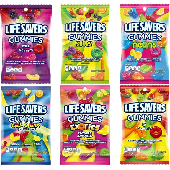 Lifesavers Variety Pack Gummies, 7oz Gummy Bag (6 Pack), Wild Berries, Exotics, Neons, Collisions, Sours & 5 Flavors