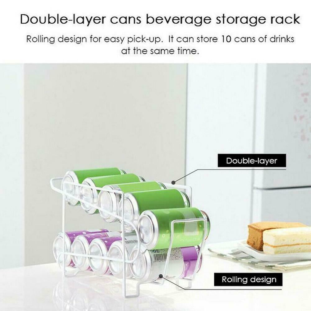 LNKOO Fridge Storage Rack, Double-Layer Can Soda Storage Rack Shelf Fridge Organizer Kitchen Drink Holder Rolling Design, Can Organizer White