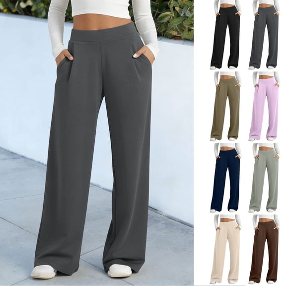 Favoffer Women Casual Yoga Jogger Pants Elastic Waist Stretchy Solid Color Slacks Relaxed Straight Leg Pants with Functional Pockets for Outdoor Daily