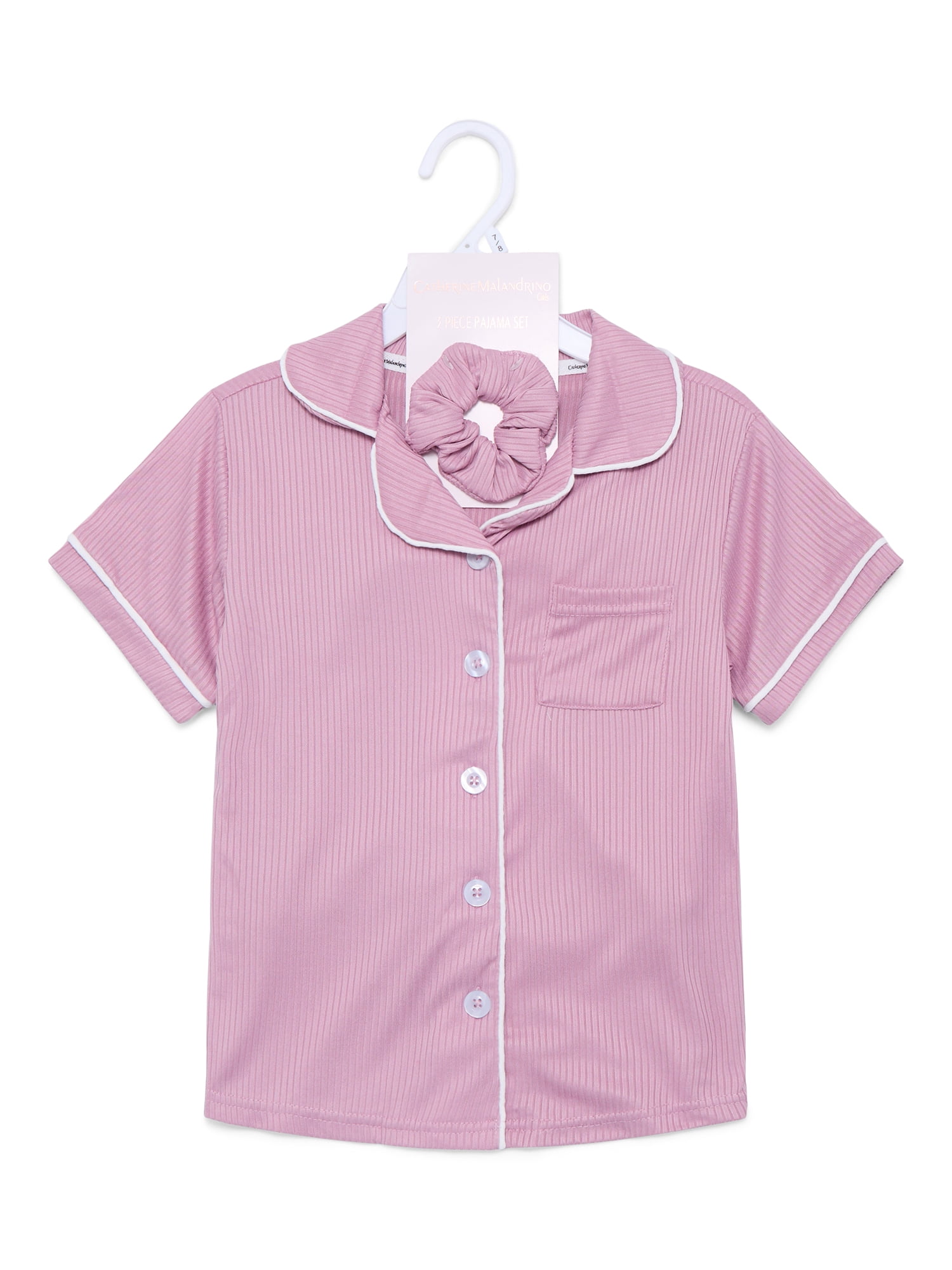Catherine Malandrino Girls Ribbed Short Sleeve Top, Shorts and Scrunchie Pajama Set, 3-Piece, Sizes 5-16