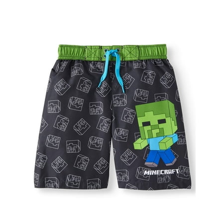 Minecraft Big Boys' Green Creeper Board Short Swim Trunk Swimwear -