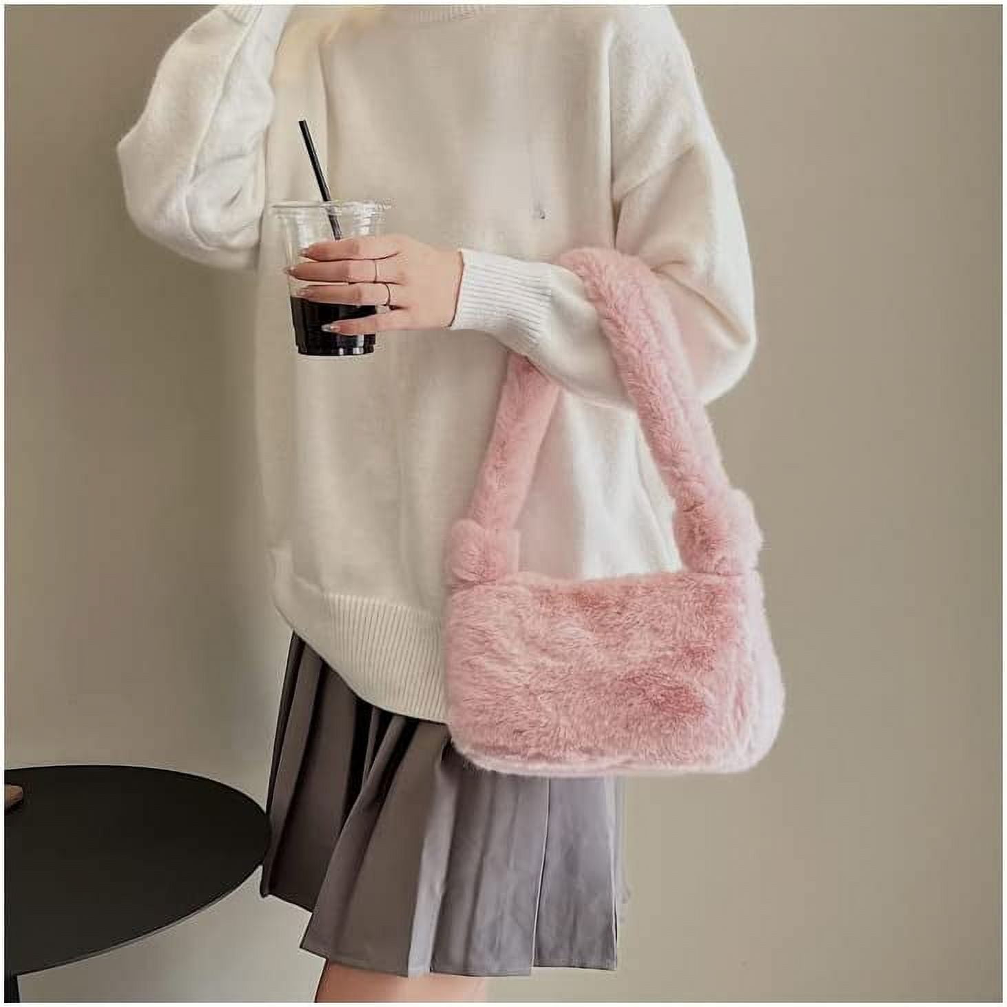 Pikadingnis Plush Tote Bag Y2K Fuzzy Furry Hobo Bag Solid Purse