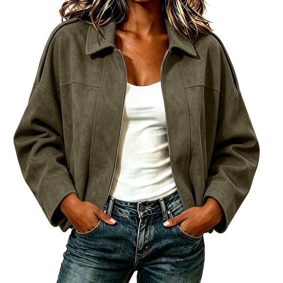 MaFYtyTPR Women's Zip Up Jacket Lapel Collar Long Sleeve Loose Fit Outerwear with Pocket for Fall Winter Outdoor Wear Army Green L