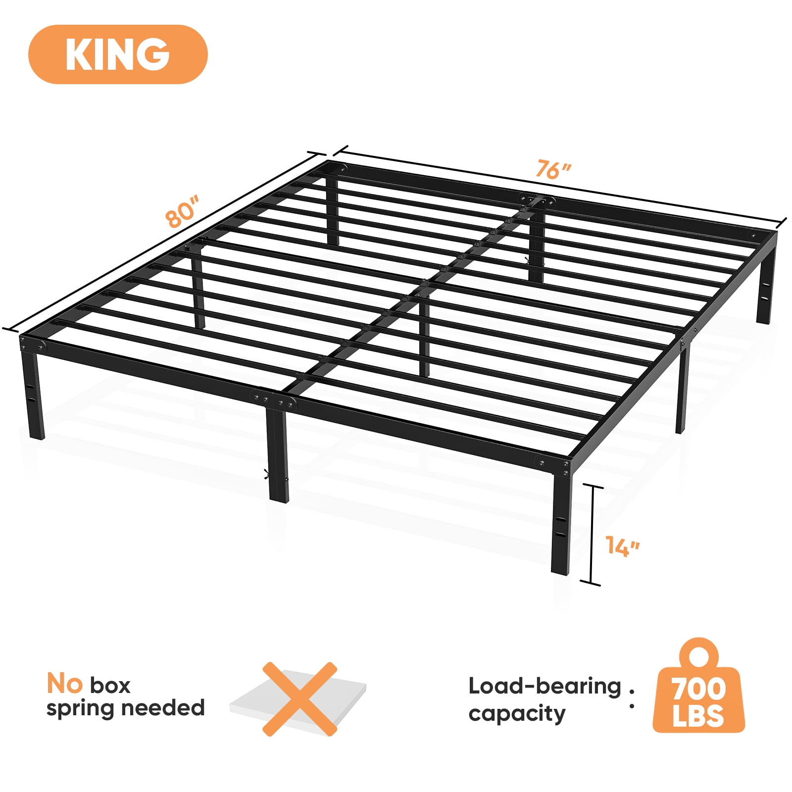 Aidoly King Size Bed Frame-14 inch high, Metal Platform Frames, Heavy Duty with Sturdy Steel Slat Support, Black