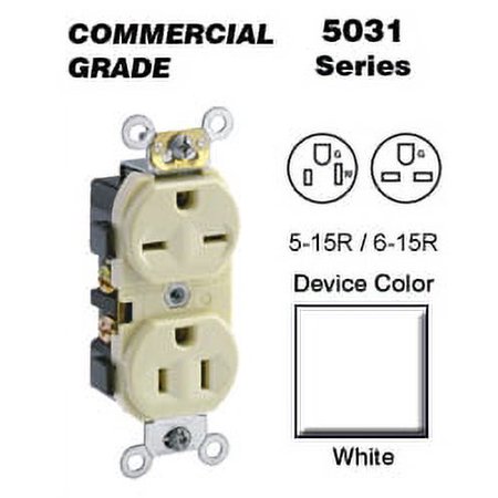 Leviton 5031-W Duplex Receptacle Dual Voltage Commercial Grade 5-15R_6-15R 15A 125/250V Side Wired - White