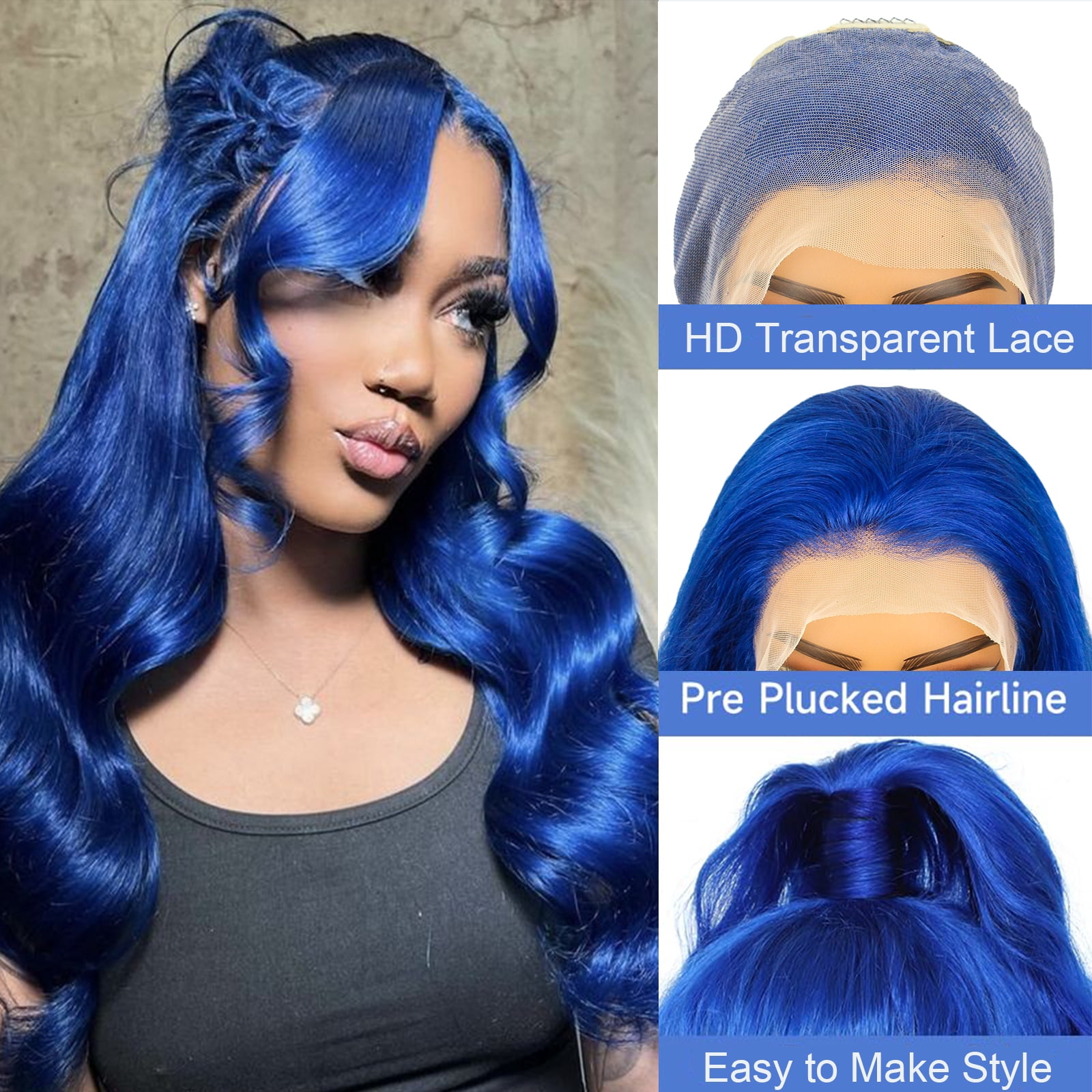 13*6 Inch HD Lace Closure 100% Human Hair Wig Body Wave Lace Front Wig 28" Blue Hair Heat Resistant Bleachable