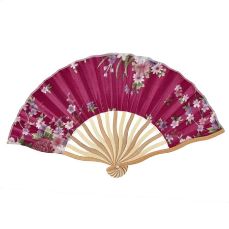 Summer Bamboo - Summer Bamboo Ribs Floral Pattern Portable Folding Hand Fan Pink w Pouch