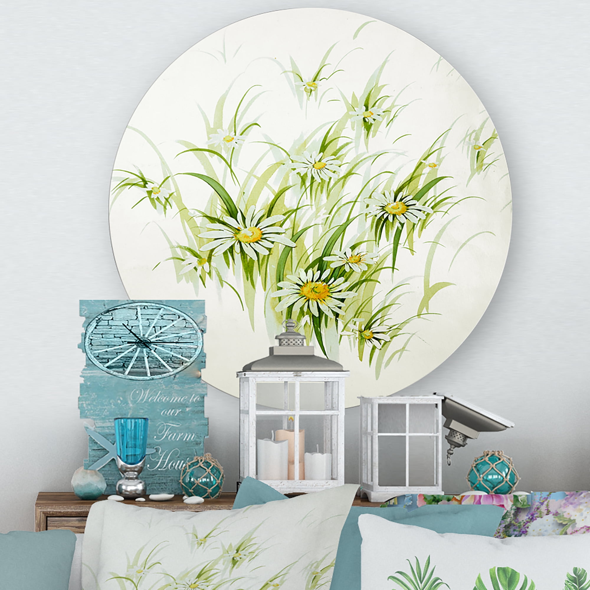 Designart 'Abstract Retro Drawing of Flowers I' Vintage Circle Metal Wall Art 23x23 - Disc of 23