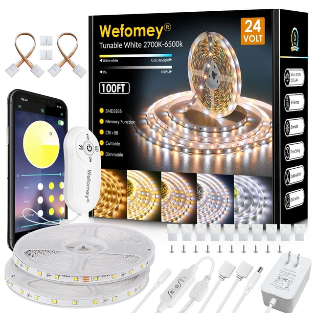 Tira de luces LED Wefomey, 100 pies, regulables, 24 V, con control remoto y aplicación