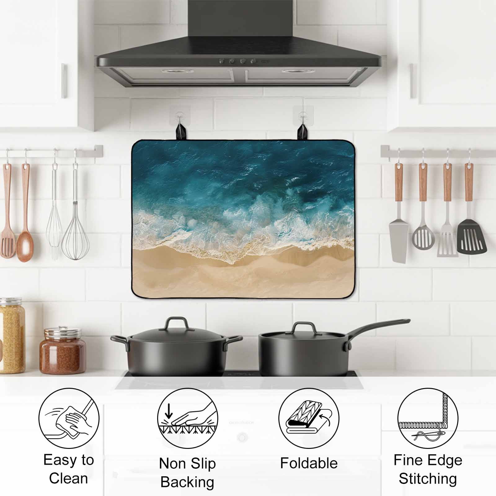 Teal Coastal Stove Top Cover for Electric Stove, Heat-proof & Non Slip Glass Top Stove Cover Protector, Summer Beach Nautical Saeside Kitchen Flat Cooktop Rubber Mat 24x21 Inches