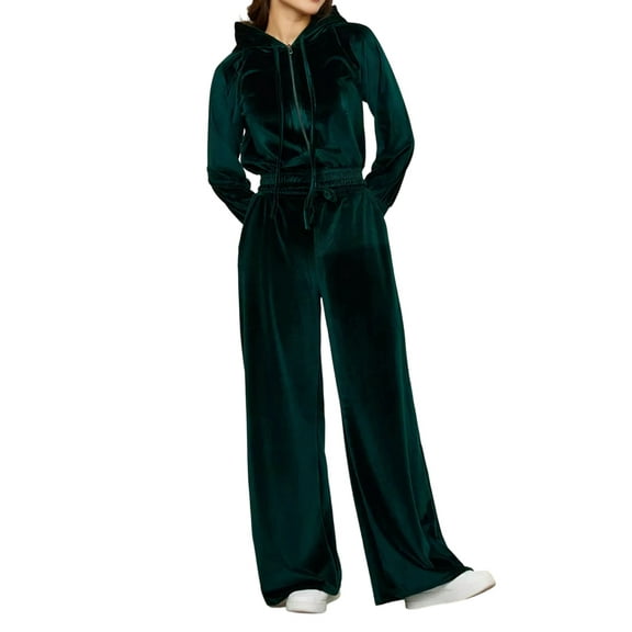 Women'S Solid Color Zip Up Hoodie and Drawstring Pants Two Piece Set Fashionable Dark Green L
