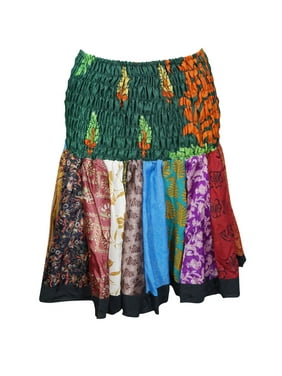 Mogul Womens Vintage Silk Colorful Flowy Short Skirt Printed Ruched Waist Flirty Boho Chic Mini Skirts