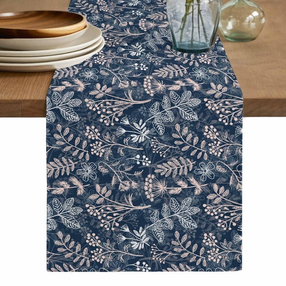 Dandelion Table Runner, Navy Blue Flowers Modern Minimalist Spring Washable Cotton Linen Table Runners 120 Inches Long, Dresser Scarf Runner for Dining/Living Room/Kitchen/Square Tables 13''x120''