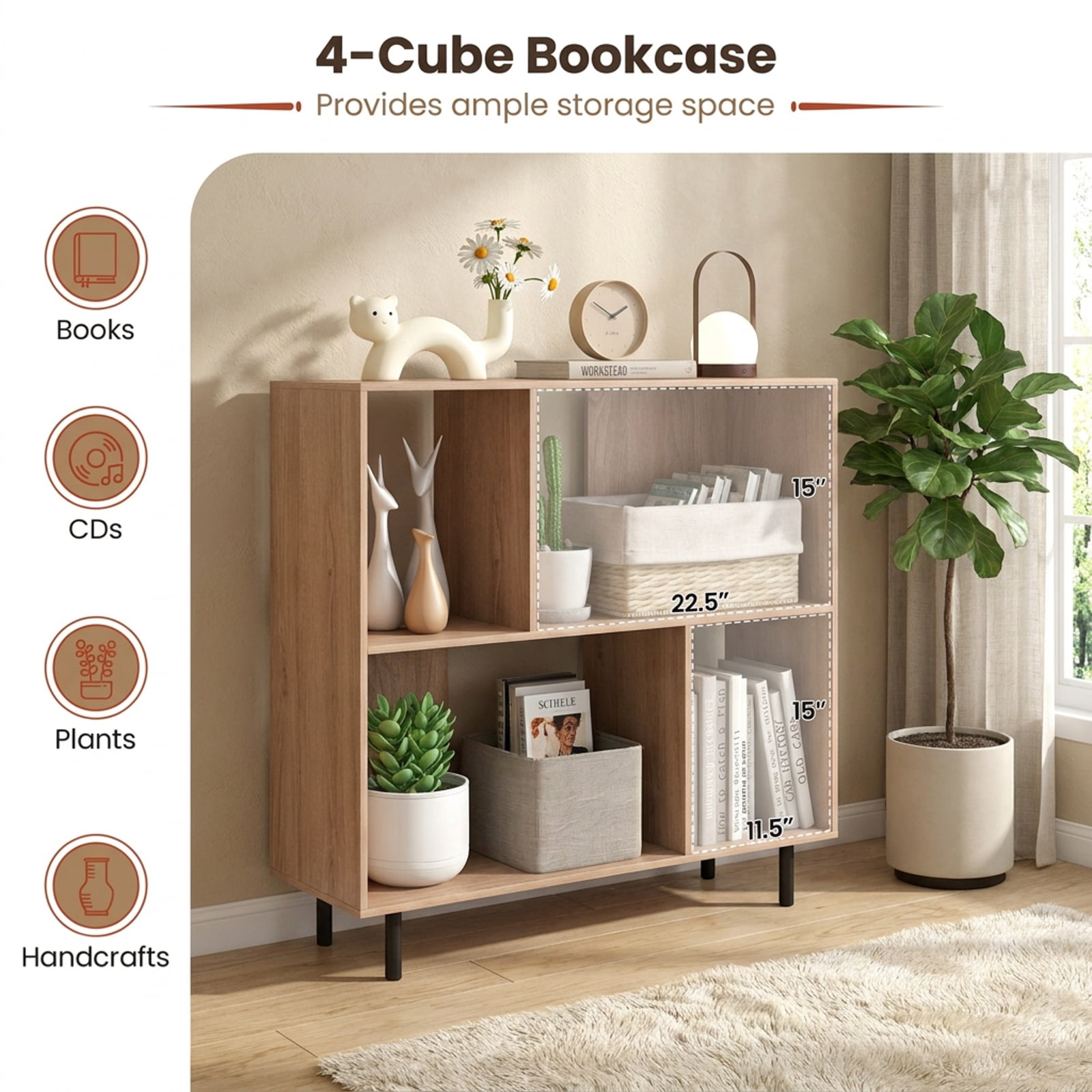 Furnibear Open Shelf Bookcase with 4 Compartments for Living Room Home Office Bedroom Display Storage Shelf, Natural