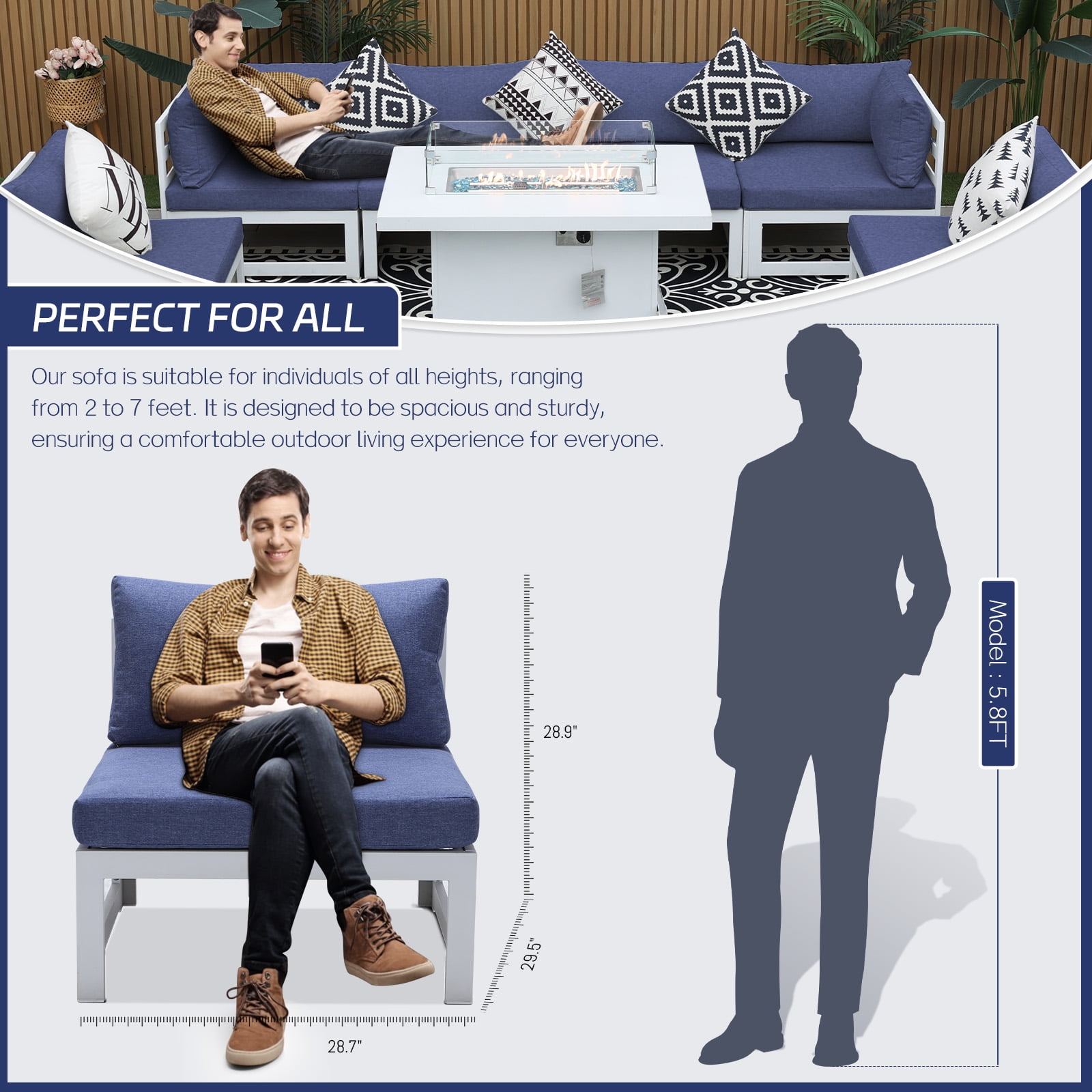 RADIATA 8 Pieces Aluminum Outdoor Patio Sectional Furniture Sofa Set with Fire Pit Table and Chaise Lounge Weather-Resistant for Porch Backyard Thicken Denim Blue Olefin Cushions Luxury