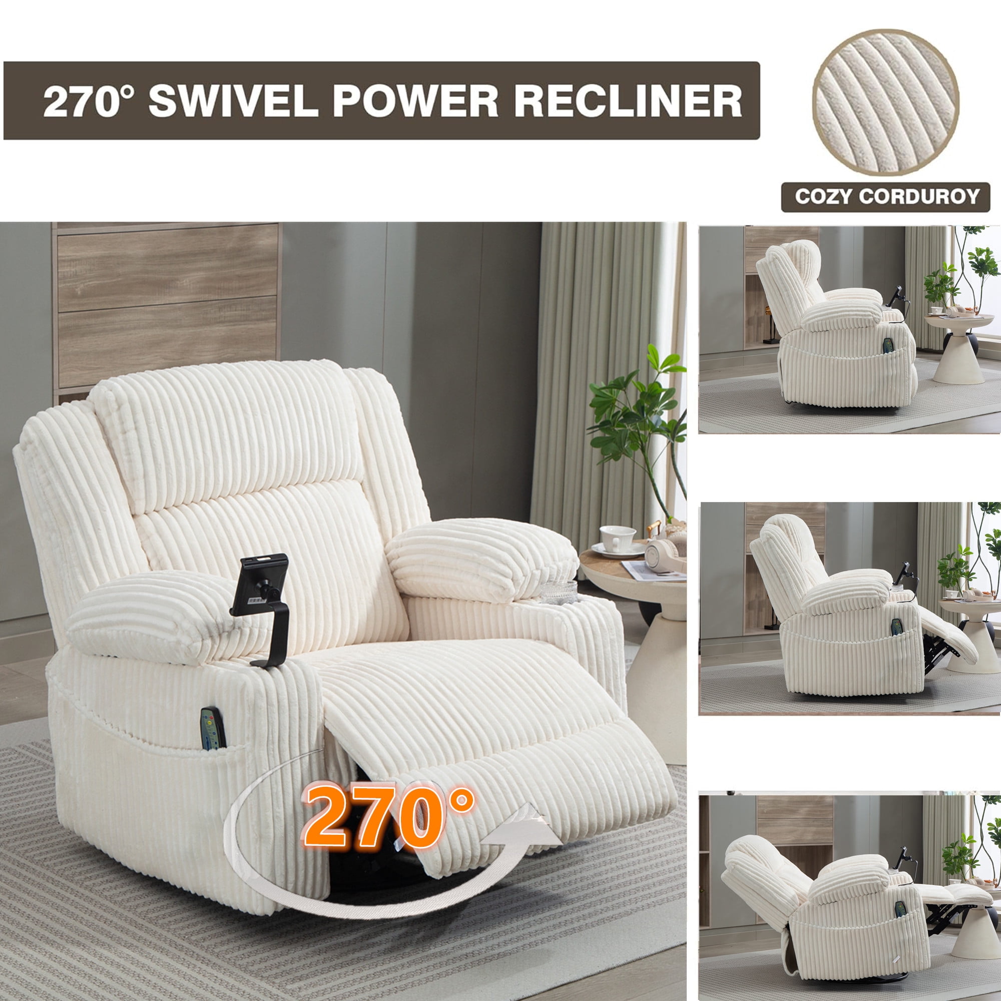 LITVZ Power Oversized Swivel Rocker Recliner with Adjustable Headrest, Dual Motor Glider Nursery Rocking Chair with Vibration Heat, USB A&C Ports, Armrest Storage, Cup Holder for Adults