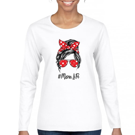 Mom Life Messy Bun Women's Long Sleeve T-shirt Trendy Motherhood Parenting Maternity Family Mother's Day Mama Mommy #momlife