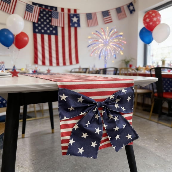 4th of July Linen Table Runner American Flag Bow Stars Stripes Independence Day Seasonal Dinner Runner for Home Kitchen Dining Table Decoration 71"x13"inch