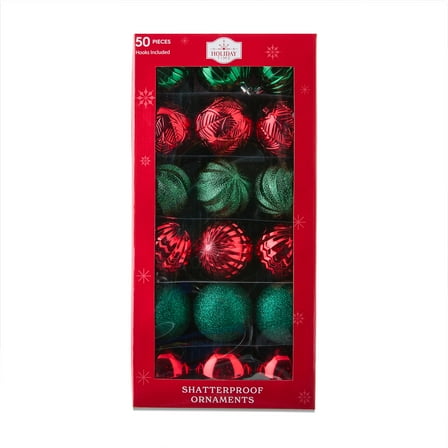 50-Count Red and Green Shatterproof Christmas Ornaments, 8 in, by Holiday Time