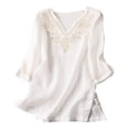 thumbnail image 1 of Camisas de Cuello V de Manga Corta para las Mujeres Vintage Lino Bordado Blusa, Suelto-Ajuste Cuello Redondo Superior para el Uso Diario Casual, 1 of 7