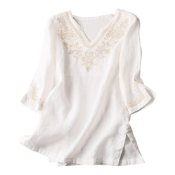 Haut Aspect Lin Brodé pour Femmes, Blouse Ample à Manches Trois Quarts, Chemise Décontractée d'Inspiration Vintage avec Design Floral, Tunique Boho Chic pour la Maison, les Loisirs et le Quotidien