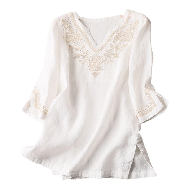 Camisas de Cuello V de Manga Corta para las Mujeres Vintage Lino Bordado Blusa, Suelto-Ajuste Cuello Redondo Superior para el Uso Diario Casual