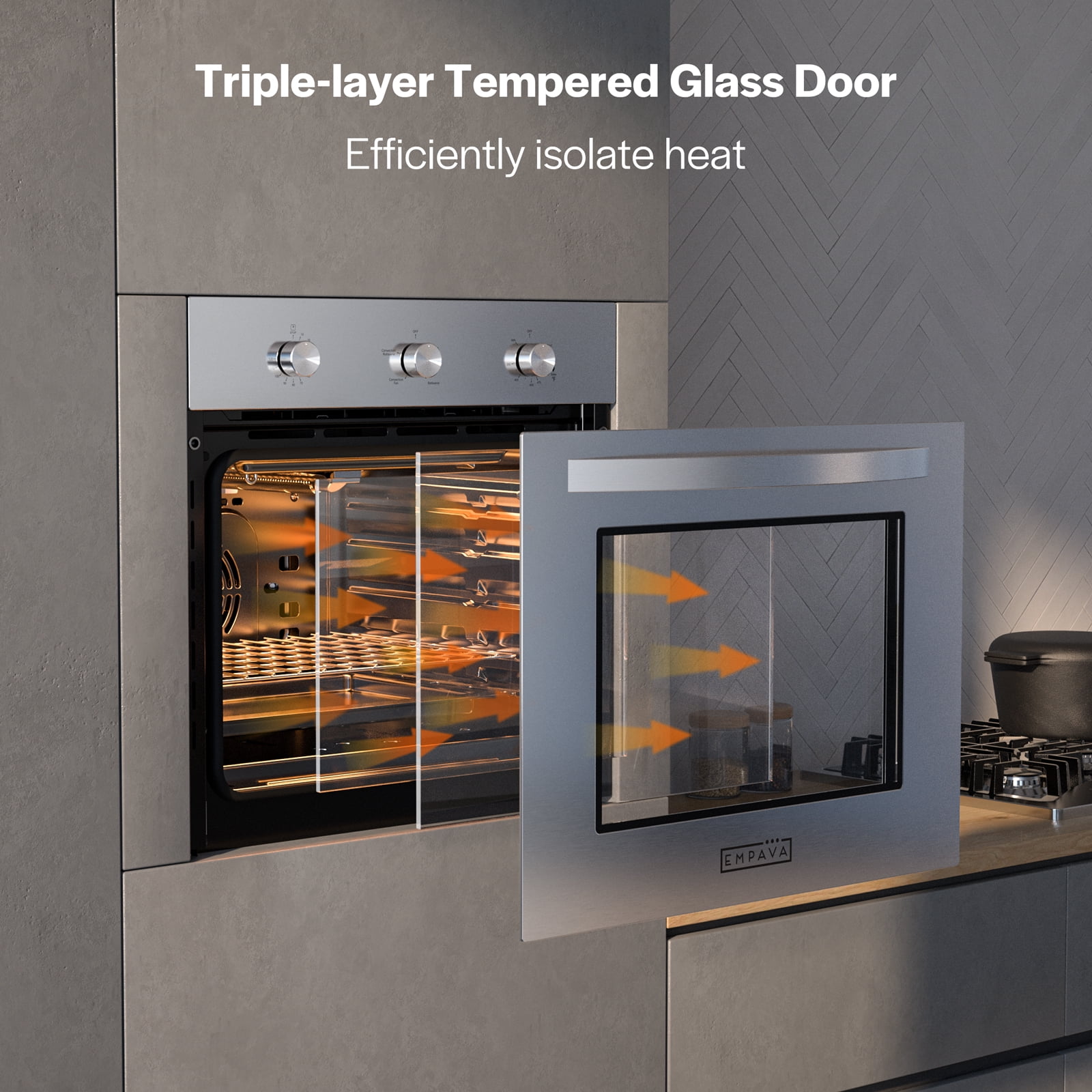 Empava 24 in. 2.3 cu. Ft. Single Gas Wall Oven - Bake Broil Rotisserie Functions with Mechanical Controls - Built-in Timer - Convection Fan in Stainless Steel EMPV-24WO08