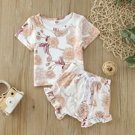 

Hunpta Newborn Infant Boys Girls Clothes Summer Short Sleeve Floral T Shirt Tops Ruffles Shorts 18 Months Casual Outfits Set