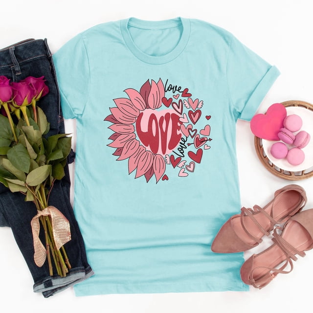 Meichang T-Shirts Joyeuse Saint-Valentin Femmes Mignon Imprimé Cœur T-Shirts Mignons Hauts Col Rond Manches Courtes T-Shirts de Vacances Saint-Valentin