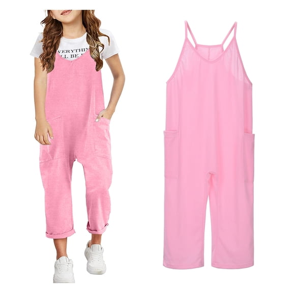 Jumpsuit for Kids Girls Spaghetti Straps Romper Long Pants with Pockets Kids Clothes 6-7 Years