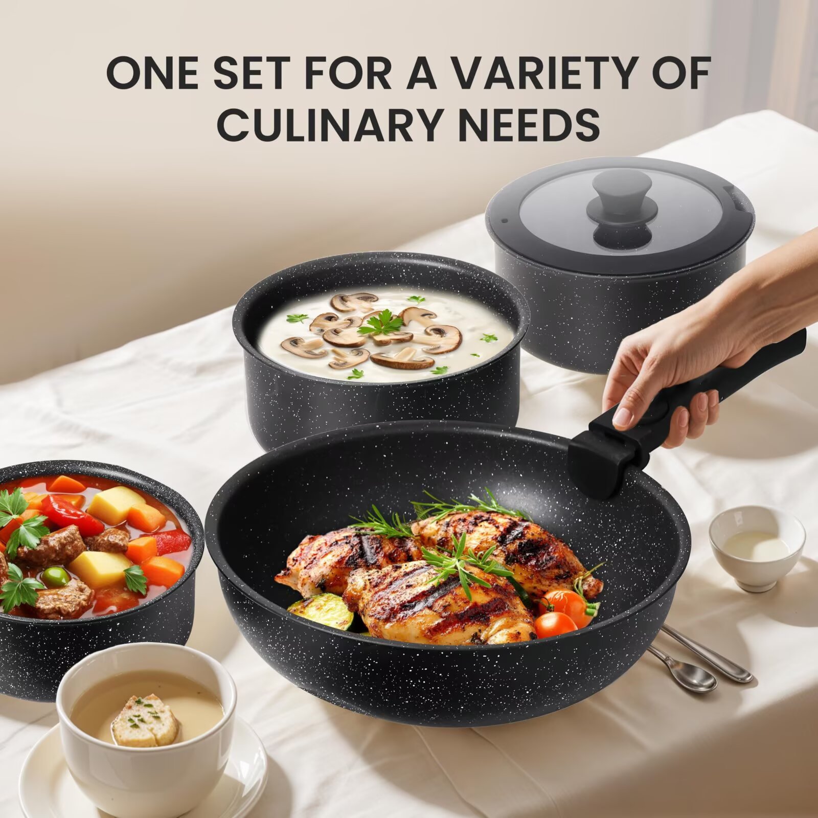 Simple Deluxe 12Pcs Pots and Pans Set, Nonstick Cookware Sets, Black Granite Induction Cookware with Detachable Handle, Black