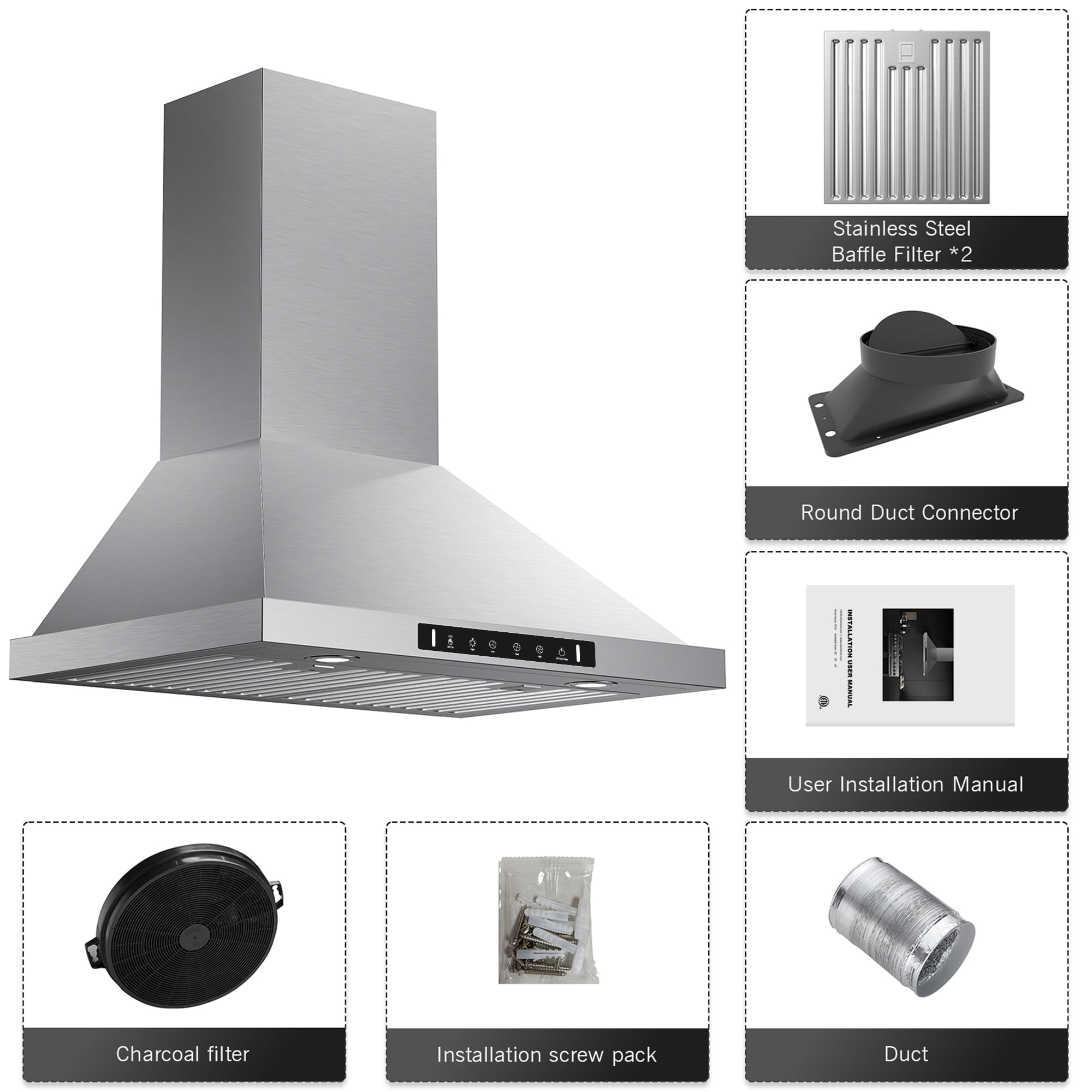 VIKIO 30 in. Wall Mount Range Hood, 900 CFM, Ducted, Stainless Steel with LED Lighting