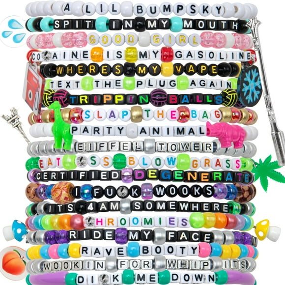 kandi bar Party Hard Rave Bracelets (Lot de 13) / EXPLICIT 18+/ Édition 2024 / Porter et Échanger Accessoires de Festival de Musique Faits à la Main PLUR / Phrases Différentes à Chaque Fois