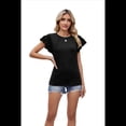 thumbnail image 3 of Blusas Casuales de Corta con Volantes para Mujer, Lindas Camisetas de Punto Acanaladas de Color Liso. Negro XL, 3 of 10