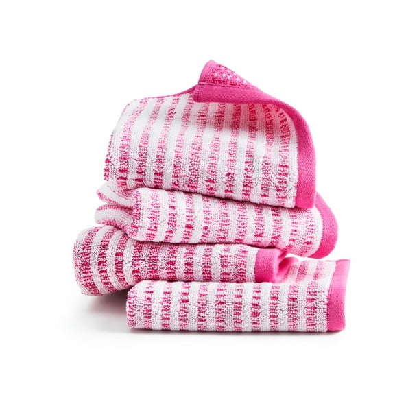 TOWN & COUNTRY PLAY 4-Piece Striped Reversible Terry Brights Washcloth Set, 13"x13", 100% BCI Cotton, Plush & Absorbent 550GSM, Flamingo Pink
