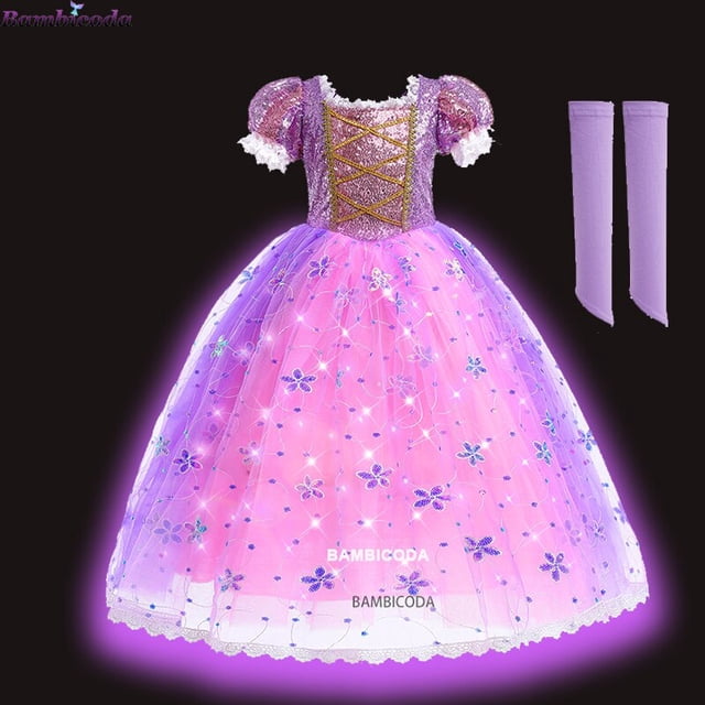 Vestido de princesa Rapunzel para niños, disfraz enredado con luz LED para cumpleaños, Carnaval, fiesta de Halloween, ropa de fantasía para niñas Fivean unisex