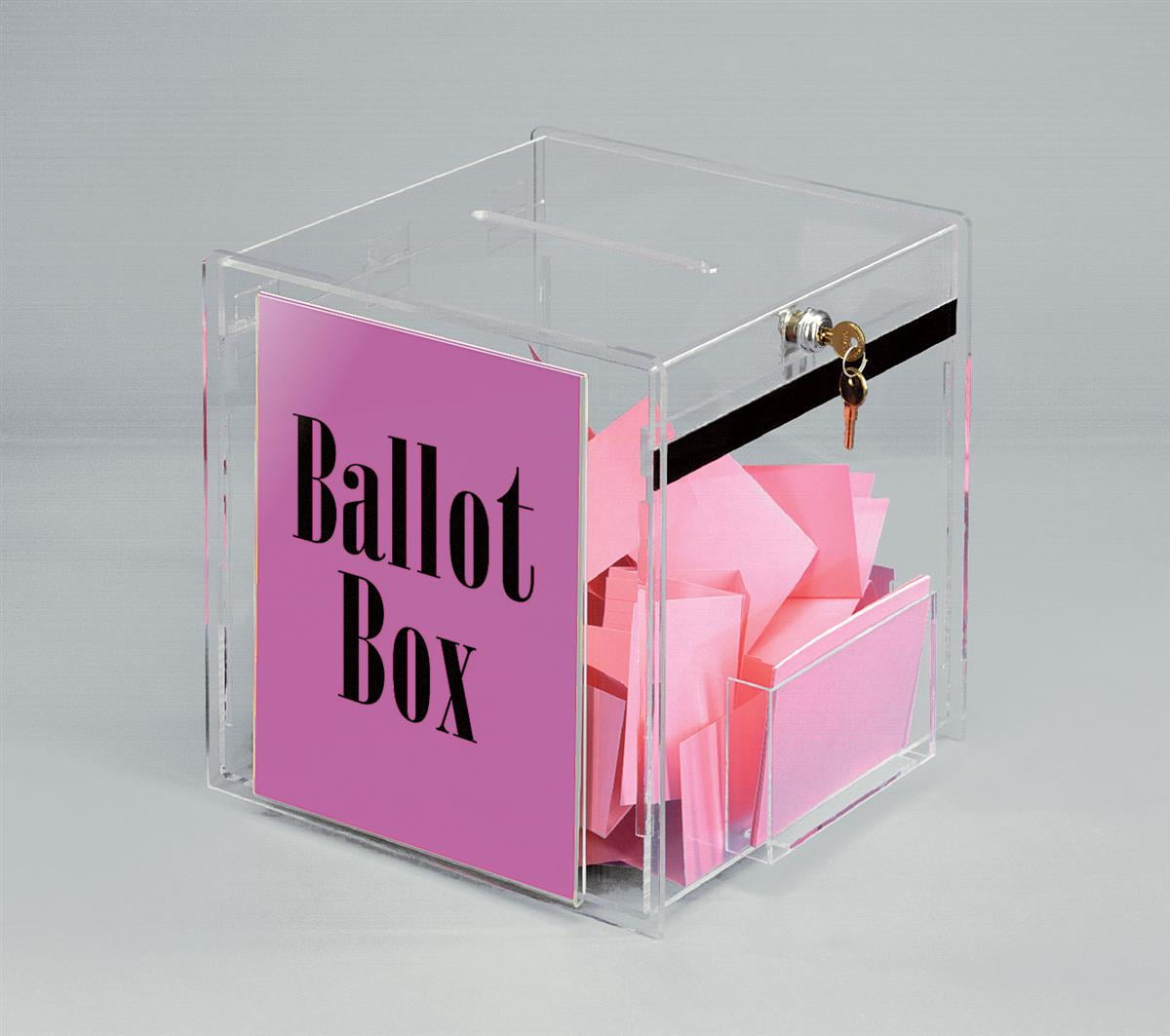 12 inch Cube Ballot Box, Suggestion Box with Key Lock and Side Pocket, Security Pen Included - Clear Acrylic (Bb)