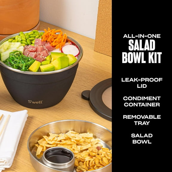 YUYAN-Sβwell Stainless Steel 64oz Salad Bowl Kit in Onyx, Comes with 2oz Condiment Container and Removable Tray for Organized Serving, Leak-Proof and Dishwasher Safe