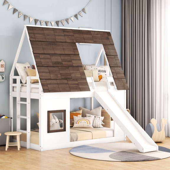 Twin Size House Bunk Bed With Slide - White   Brown, For Bedroom Decoration Brown Wood Frame