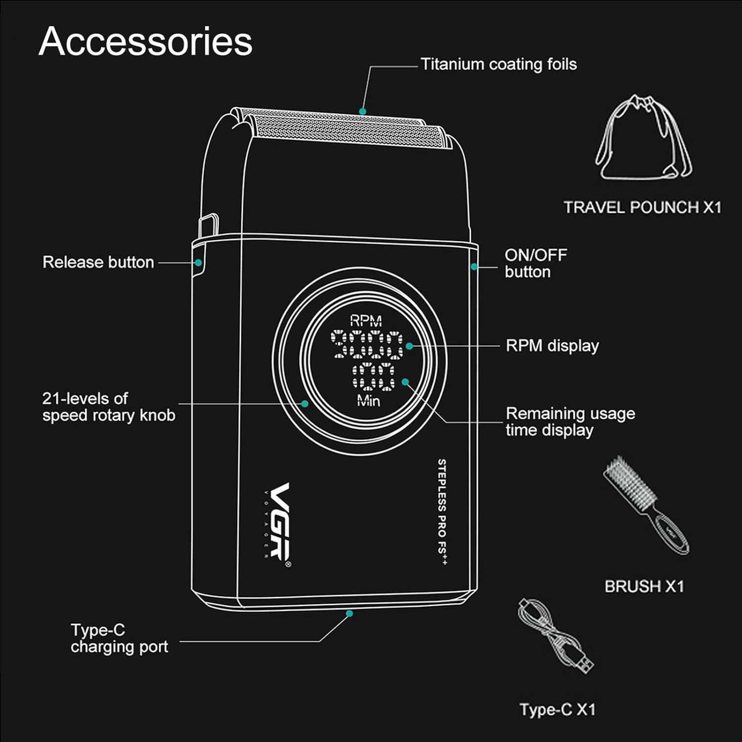 VGR 377 Foil Shaver for Men, Electric Razor for Shaving Face with Double Foil, 21-Speed 9000 RPM Motor Bald Shavers LED Display Titanium Foils, Barber Supplies (Black), Men's Gifts