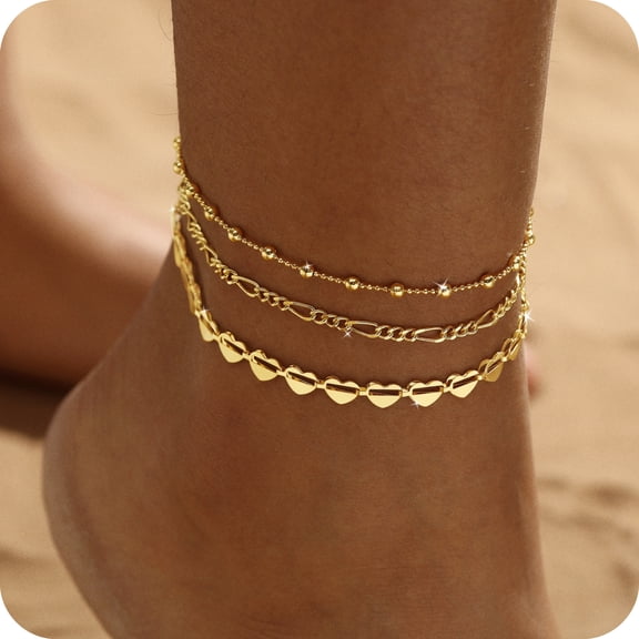 GOSFRY 14K Gold Plated Anklet Bracelets for Women Love Waterproof Stackable Set Dainty Jewelry Gifts